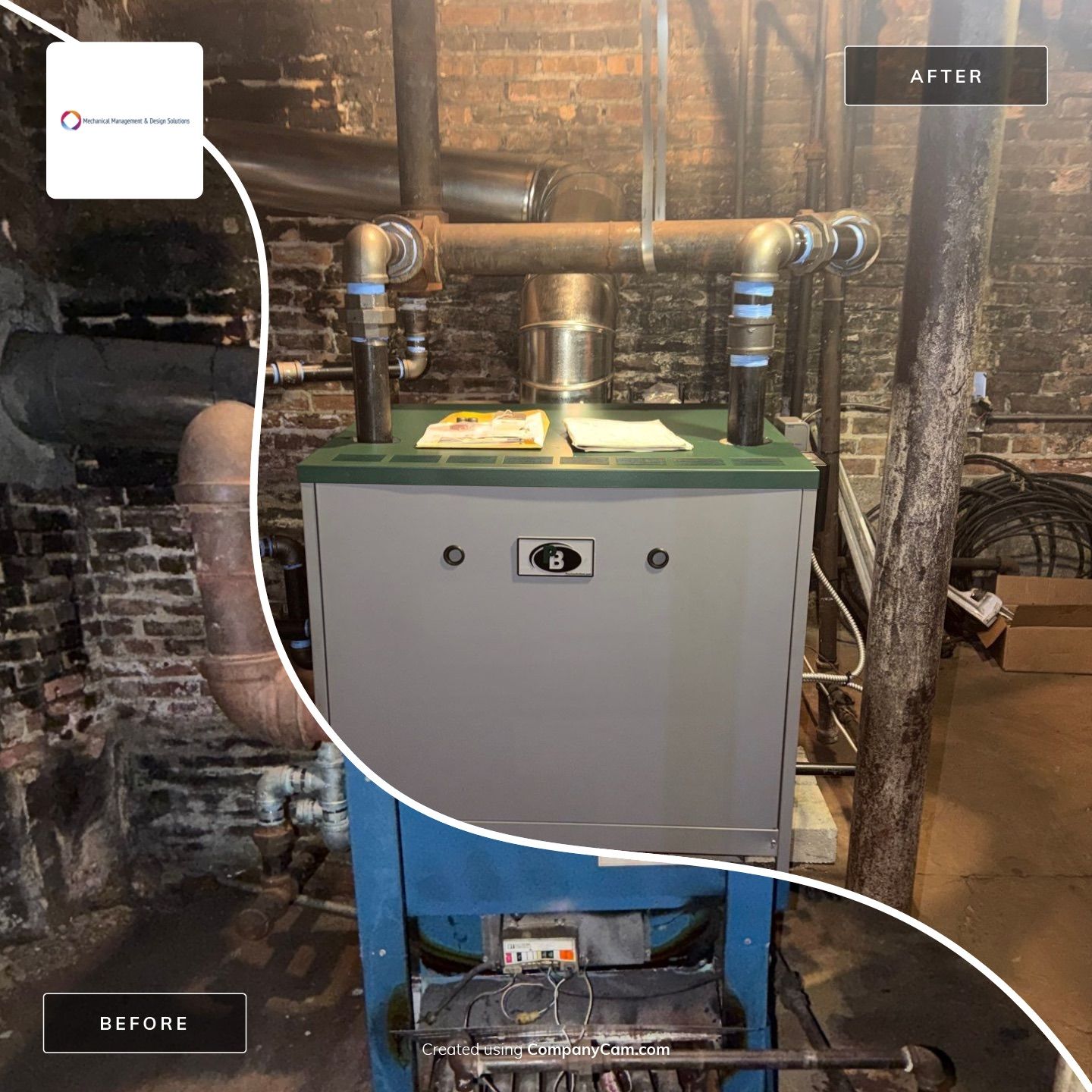 Before and after: old oversized steam boiler replaced with a new Peerless steam boiler in a Chicago three-flat